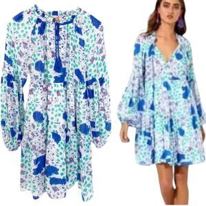 Oliphant Cotton silk Voile Floral Blue White Puff Sleeves Dress S